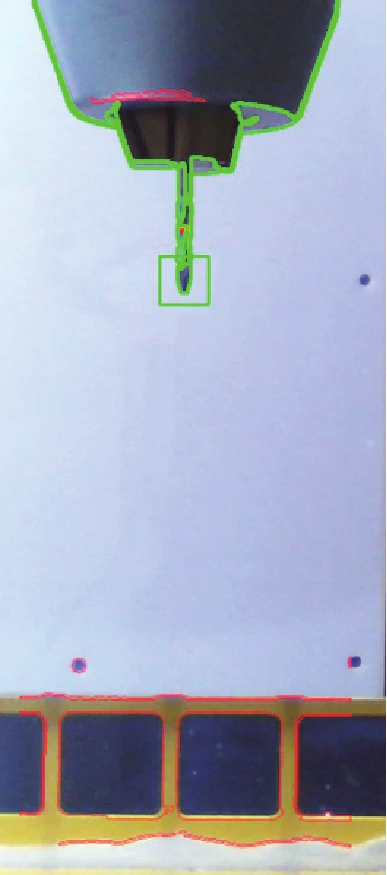 VI-G产品手册中的刀具监测画面，绿色轮廓对应刀具观察区域